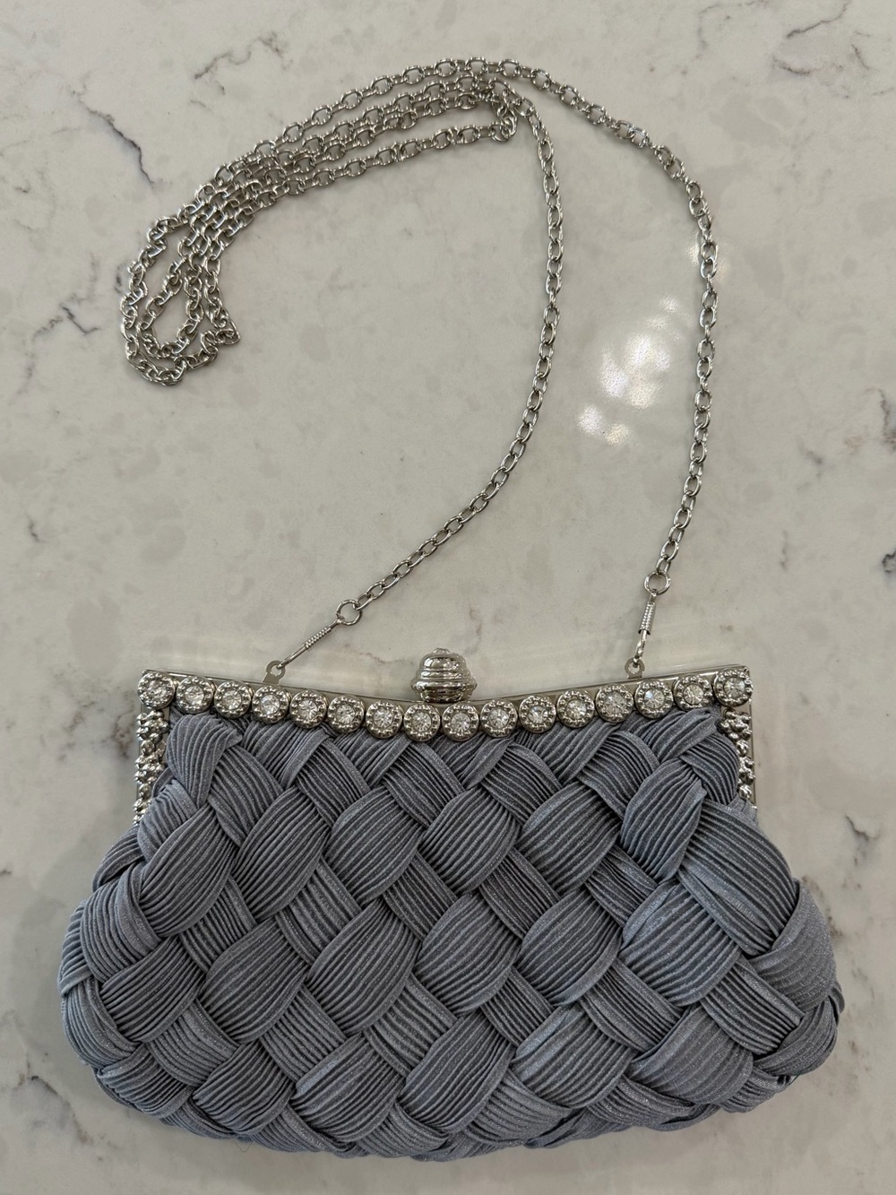 Gray Woven Evening Clutch with Crystal Frame